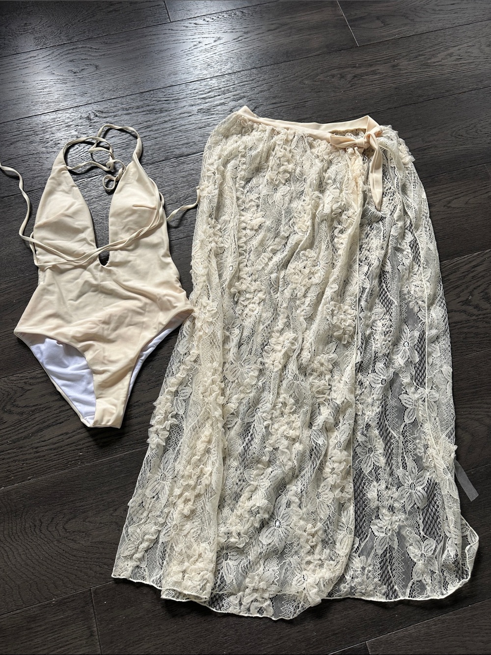 SHEIN Cream Lace Cover-Up Skirt with Cream One-Piece Swimsuit
